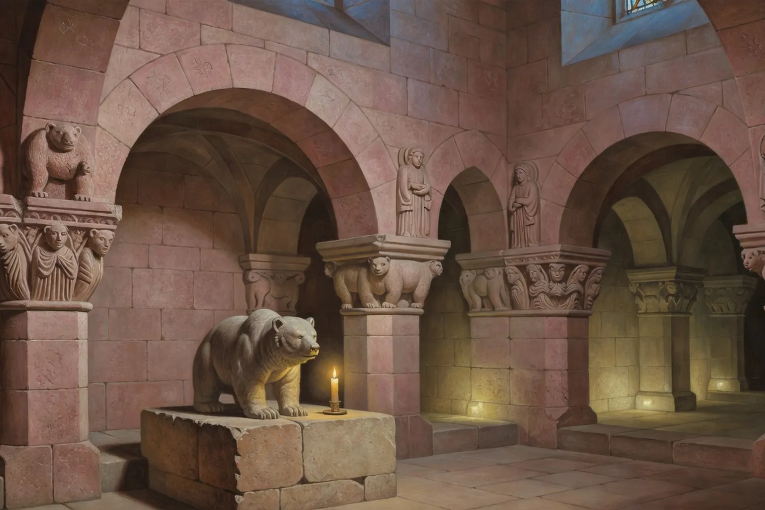 Crypte d'Andlau : chapiteaux ours et saints, lumière de cierge