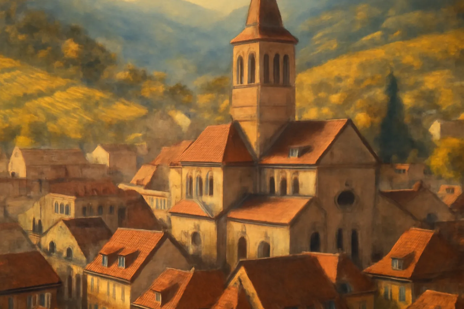 Vue aérienne automnale du village d'Andlau et son abbatiale