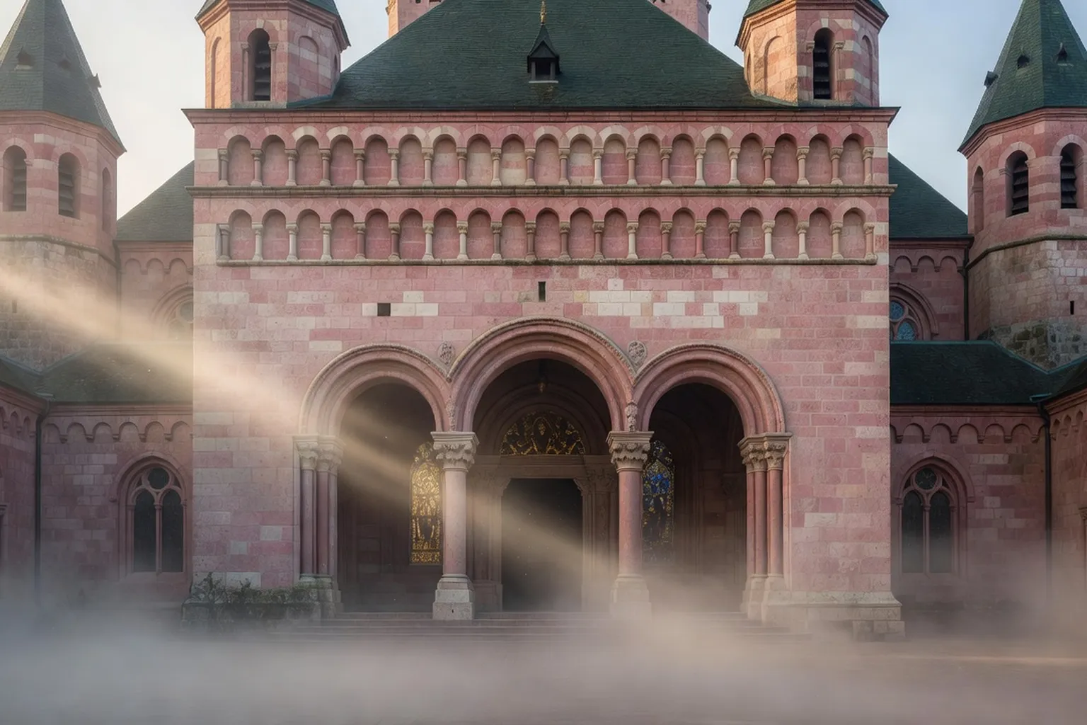 Façade romane de l'abbaye de Marmoutier au lever du jour