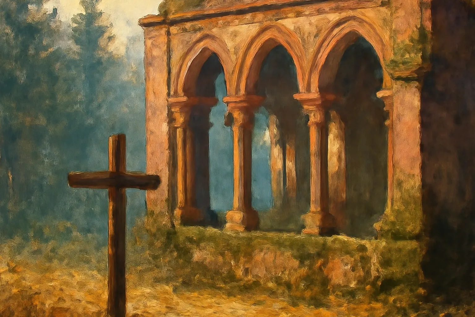 Croix de pèlerinage devant un fragment de cloître bénédictin