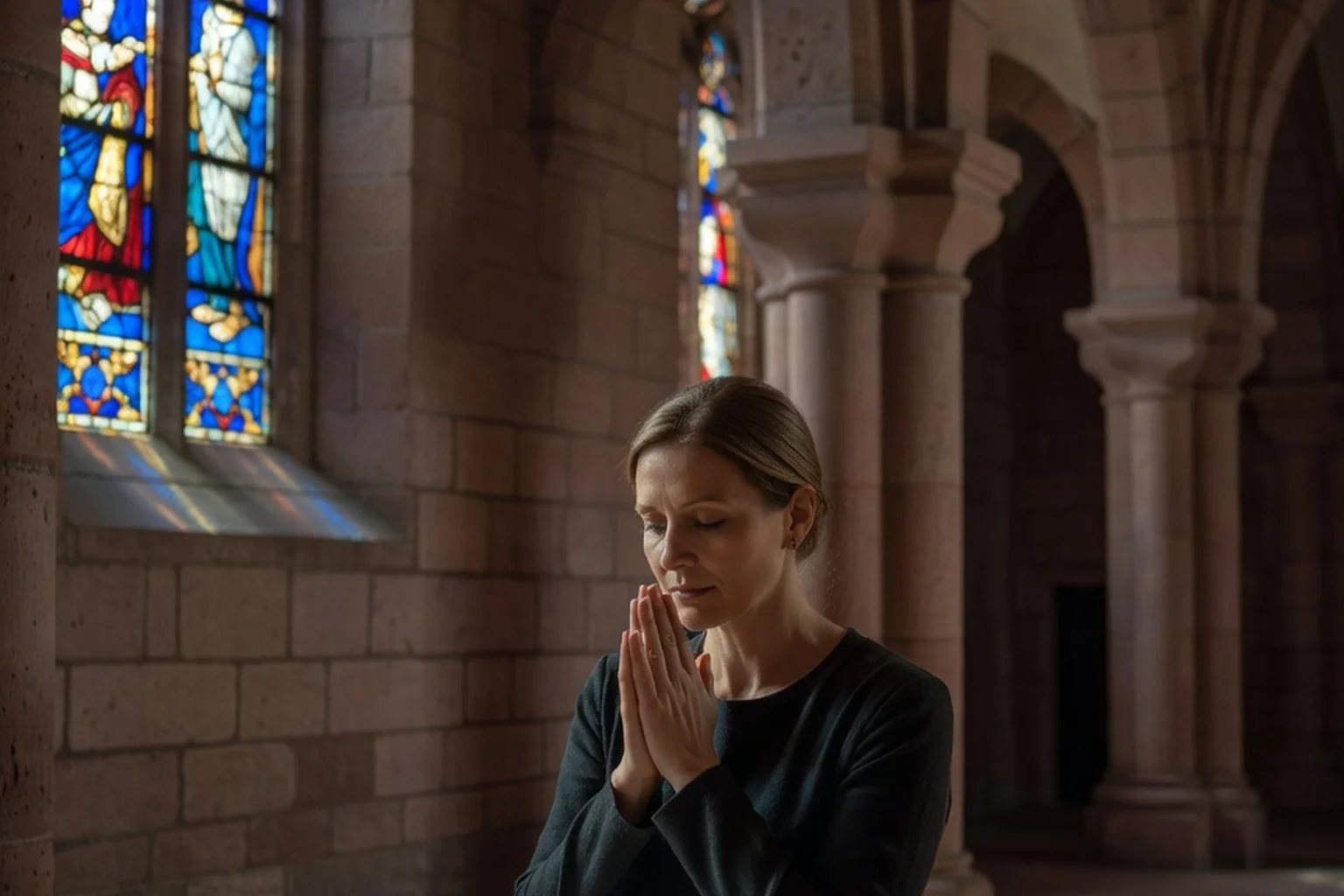 Femme en prière mains jointes dans une église romane alsacienne, un vitrail médiéval bleu et or derrière elle
