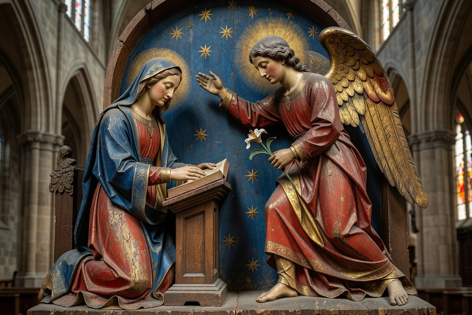 Groupe sculpté médiéval de l'Annonciation en bois polychrome : la Vierge Marie agenouillée lisant et l'archange Gabriel incliné tenant un lys