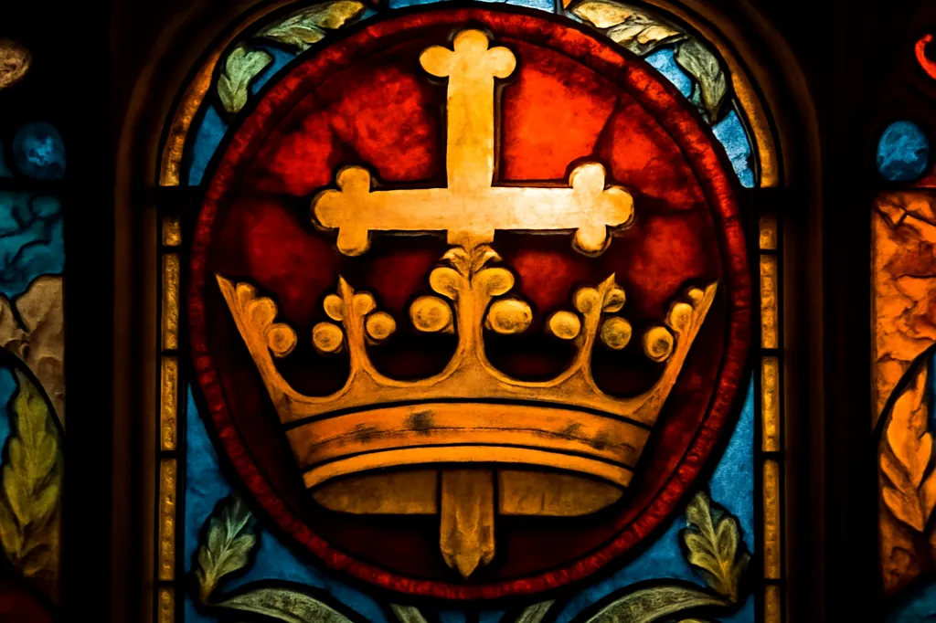 Vitrail gothique représentant une couronne dorée surmontée d'une croix sur fond rouge et bleu