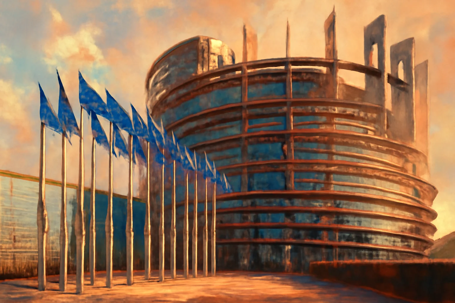 Façade du Parlement européen à Strasbourg avec ses drapeaux européens