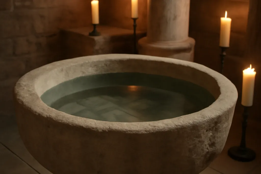 Fonts baptismaux en pierre remplis d'eau claire, entourés de cierges allumés dans une église ancienne