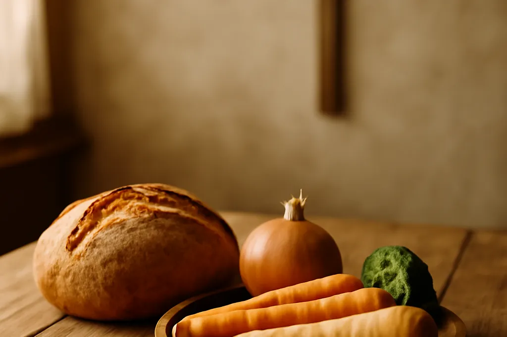 Repas sobre de carême : pain, oignon et légumes simples sur une table en bois rustique alsacienne
