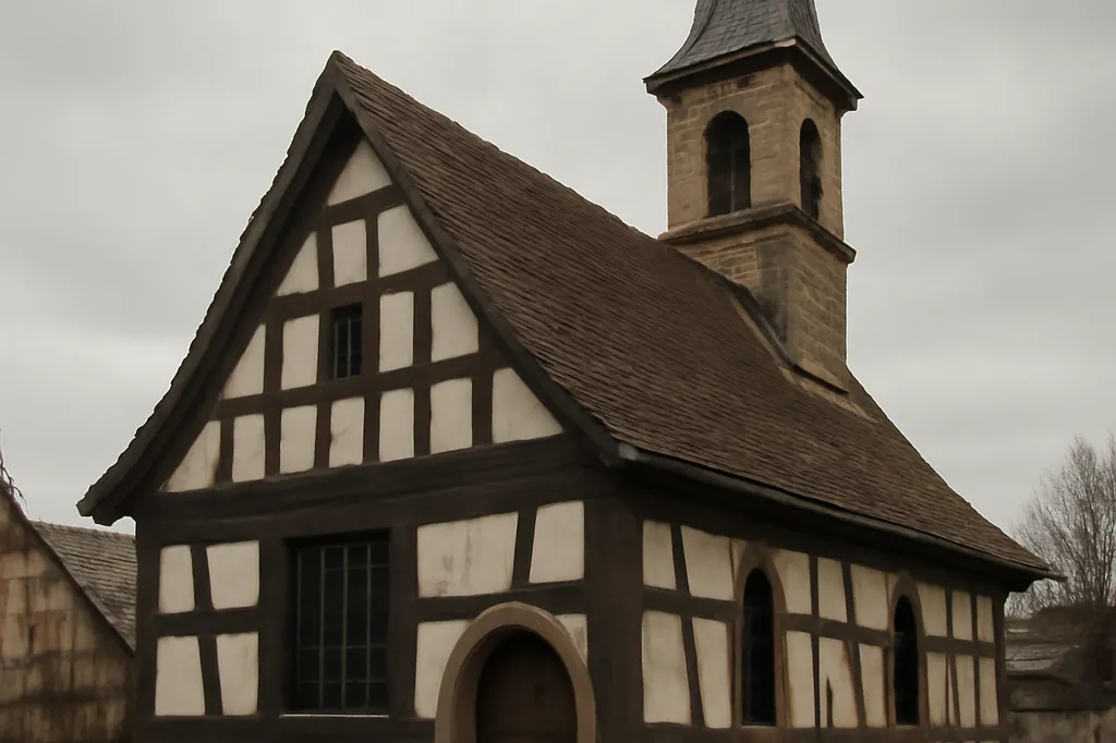 Petite église alsacienne à colombages avec clocher, ciel gris de fin d'hiver