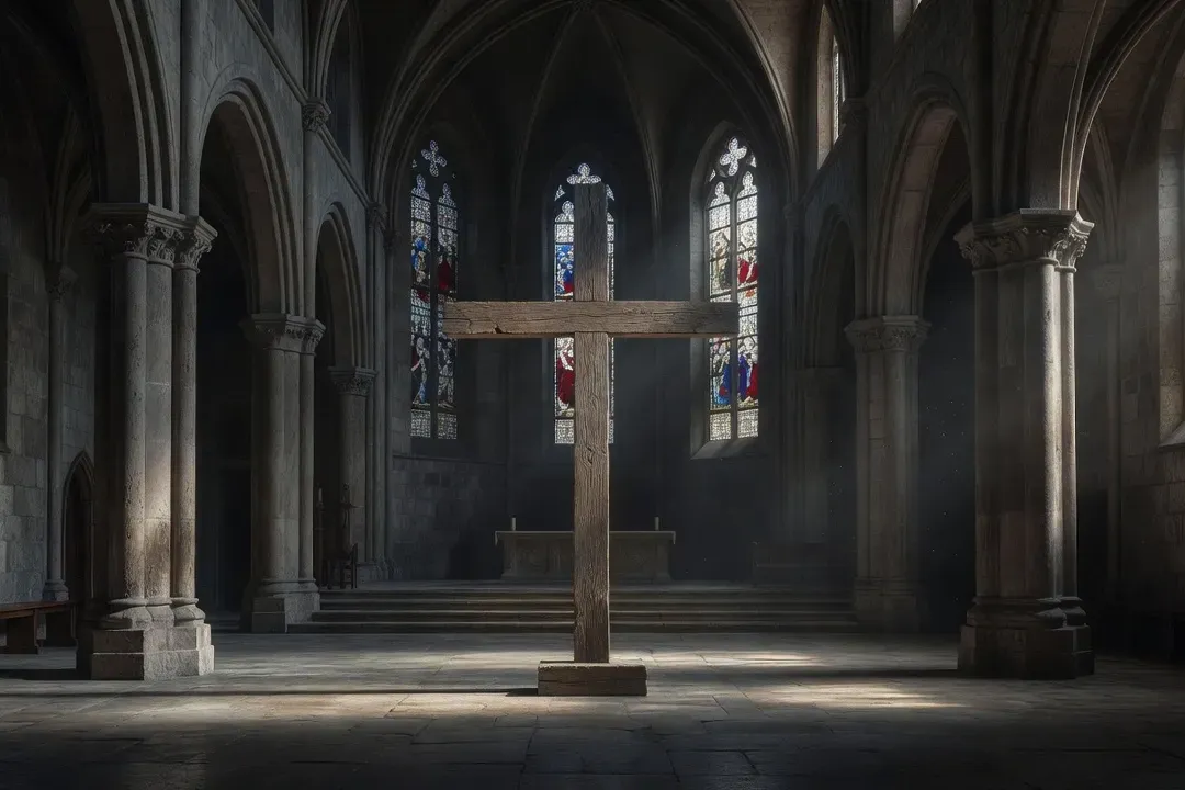 Grande croix de bois posée au centre d'une église dépouillée pour le Vendredi saint, autel nu et lumière grise