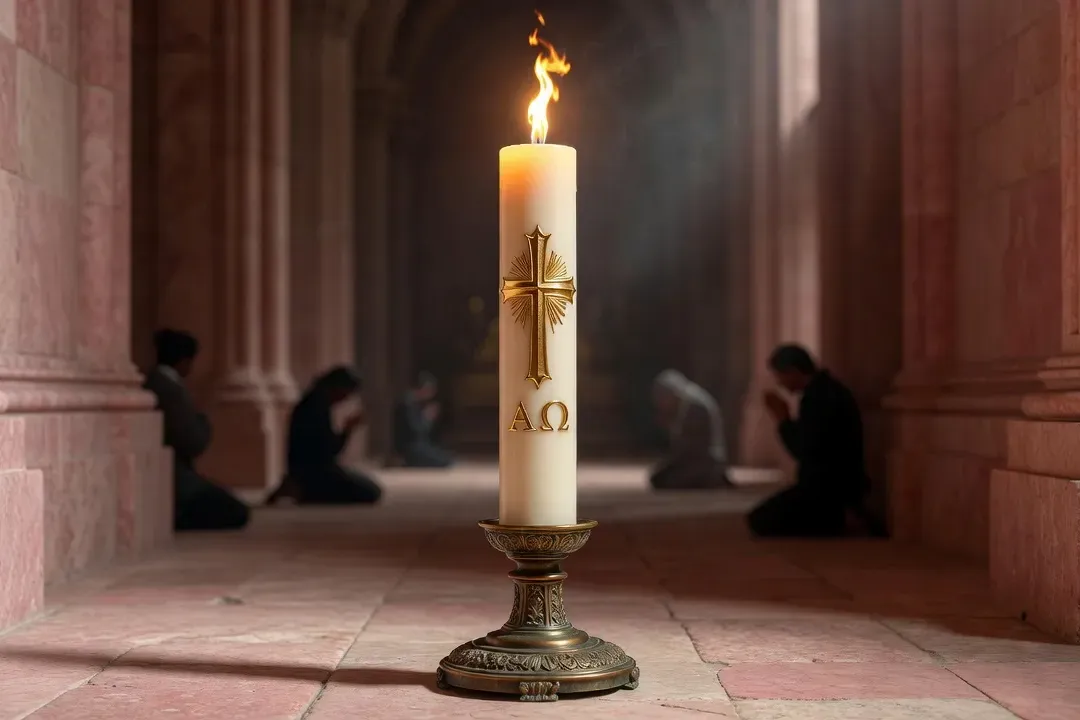 Cierge pascal gravé d'une croix dorée et des lettres alpha et oméga, flamme vive dans une cathédrale en pénombre