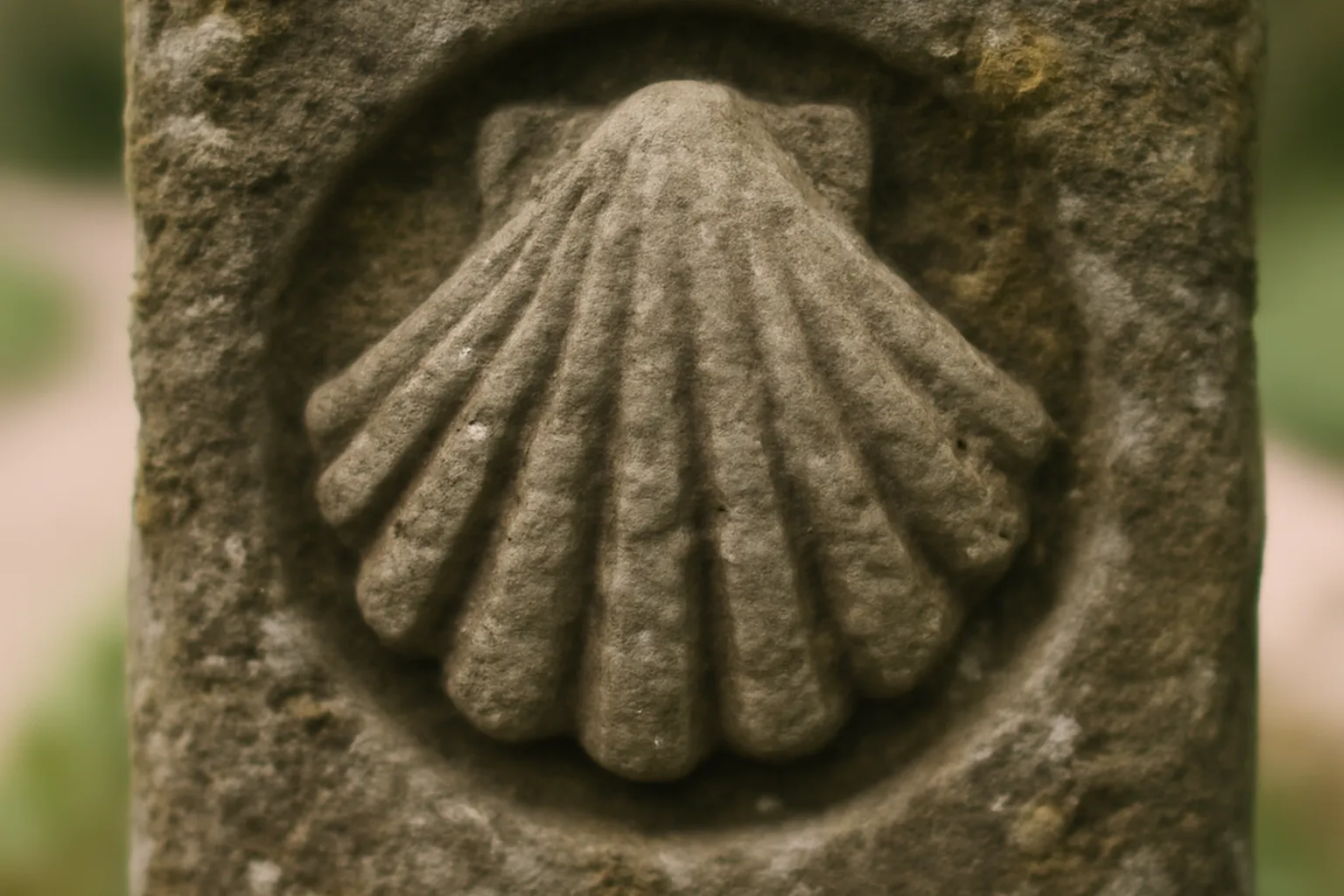 Coquille Saint-Jacques sculptée sur une borne de pèlerinage en Alsace