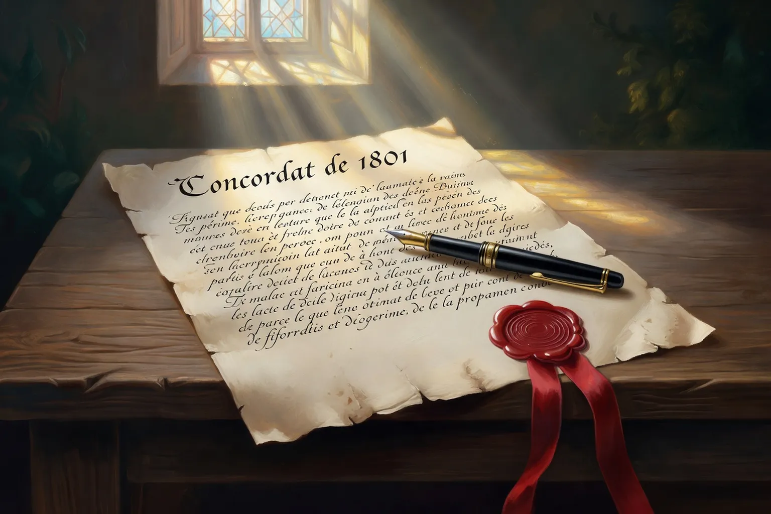 Document de Concordat avec sceau de cire et plume d'oie