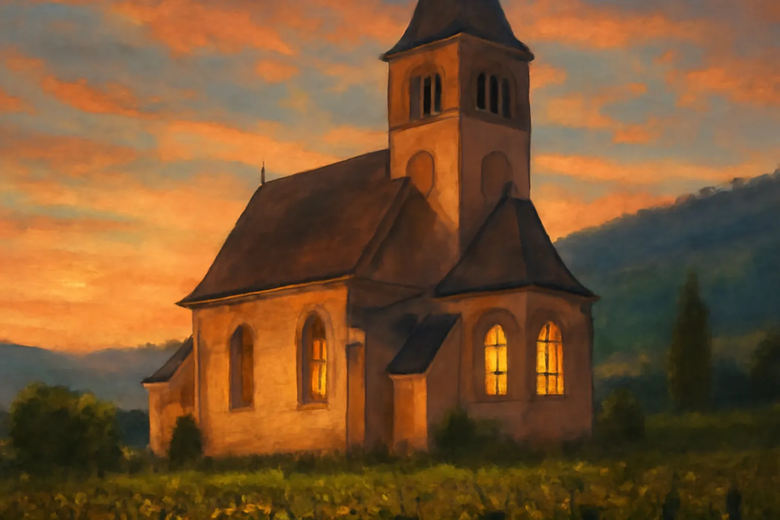 Église alsacienne au clocher à trois cloches au coucher du soleil