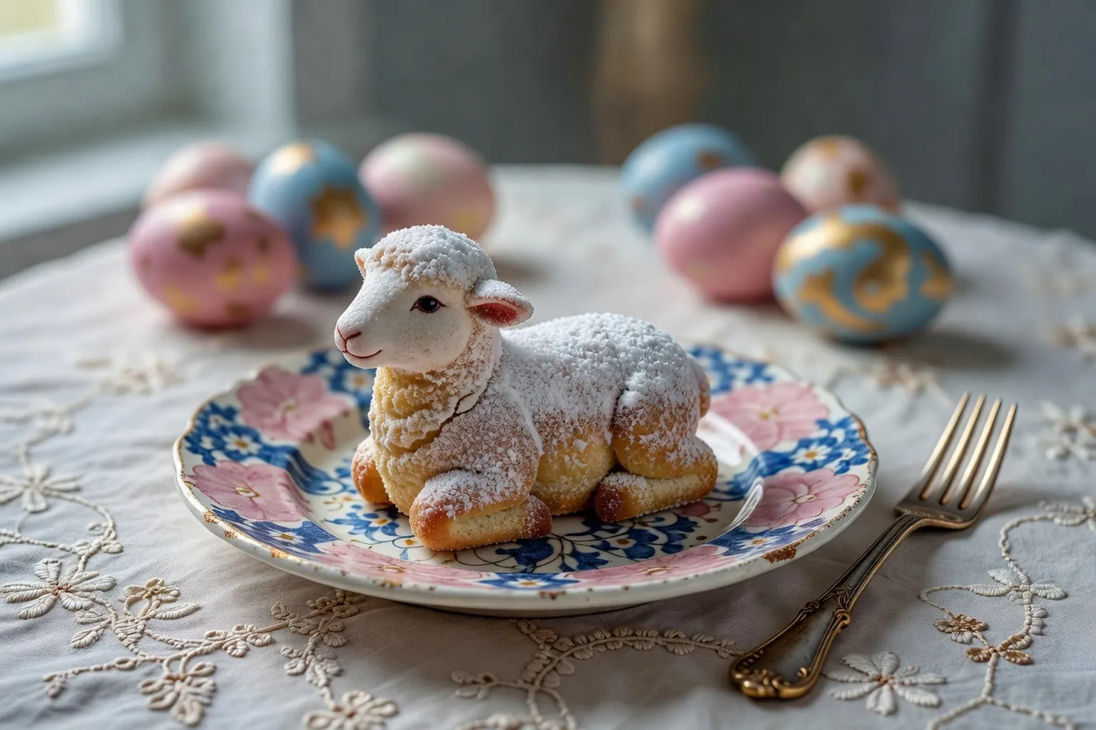 Lammele alsacien, gâteau en forme d'agneau pascal saupoudré de sucre glace sur une assiette de faïence ancienne