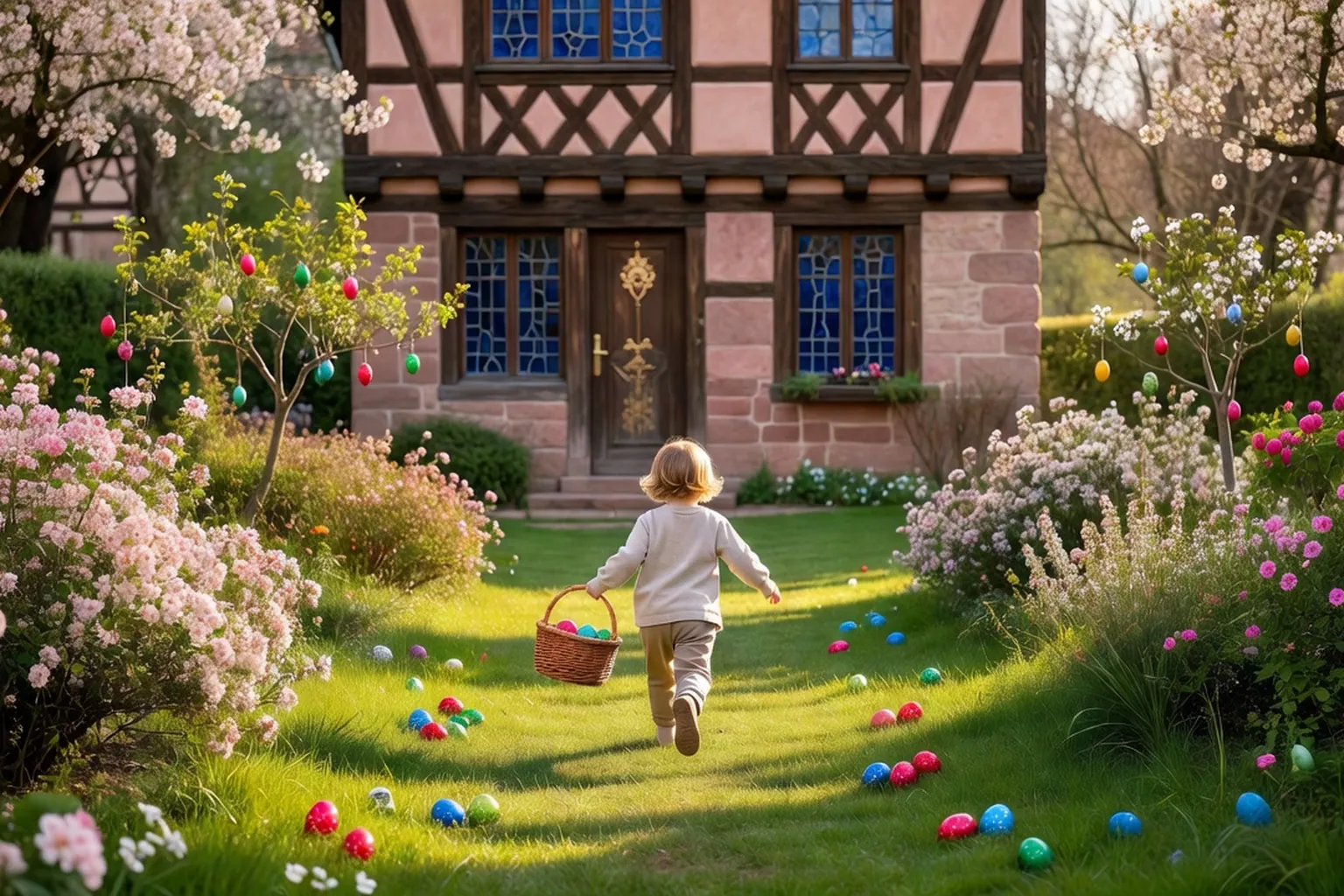 Enfant courant dans un jardin alsacien fleuri avec un panier d'osier pendant une chasse aux œufs de Pâques