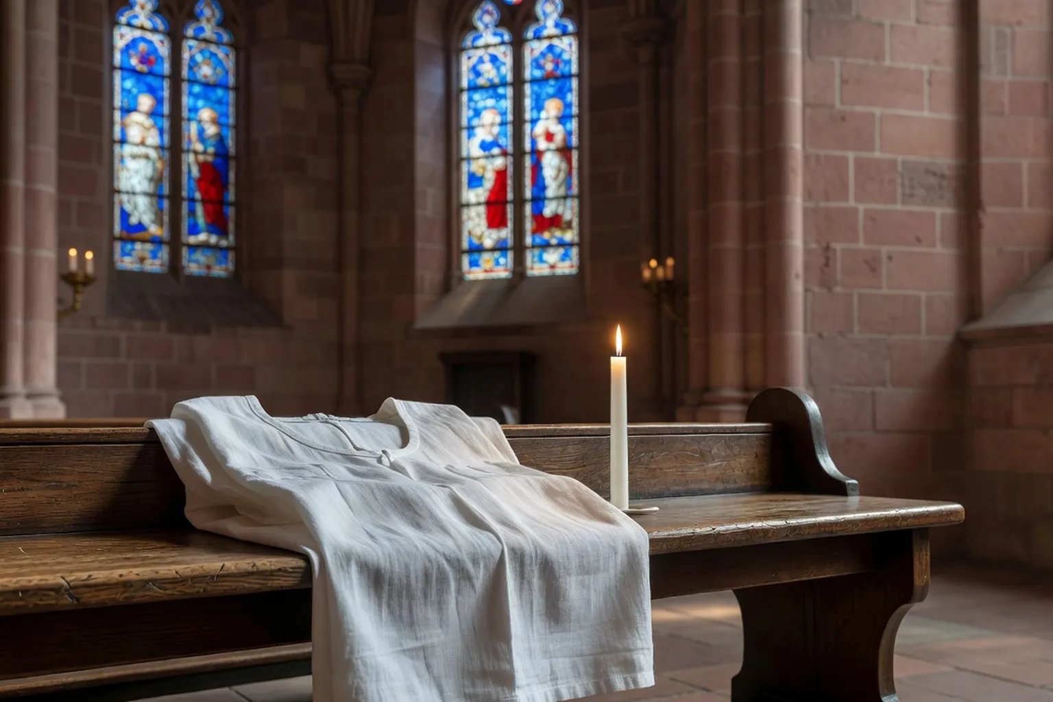Vêtement blanc de baptême en lin plié sur un banc d'église en bois, cierge blanc allumé posé à côté, vitraux bleus en arrière-plan