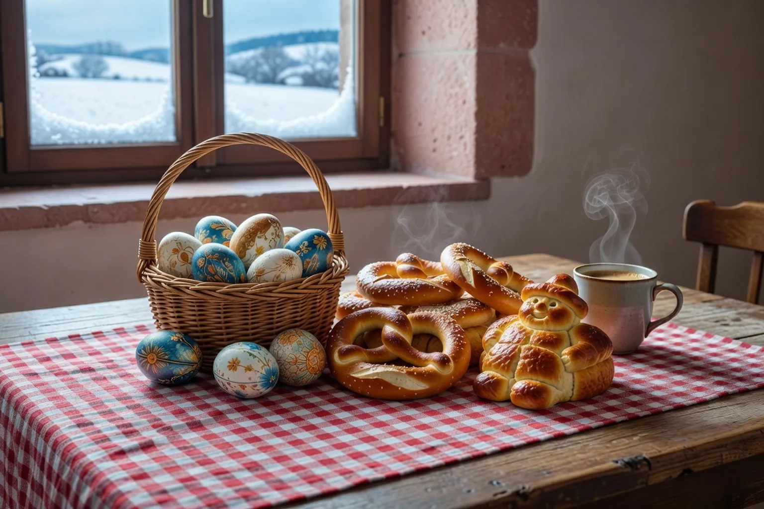 Nappe alsacienne à carreaux rouges et blancs avec bretzels dorés, œufs de Pâques peints dans un panier en osier et brioche en forme de bonhomme