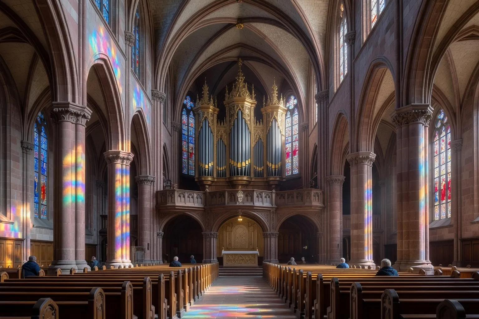 Intérieur néogothique d'une grande église strasbourgeoise avec vitraux colorés projetant des lueurs sur les colonnes de grès