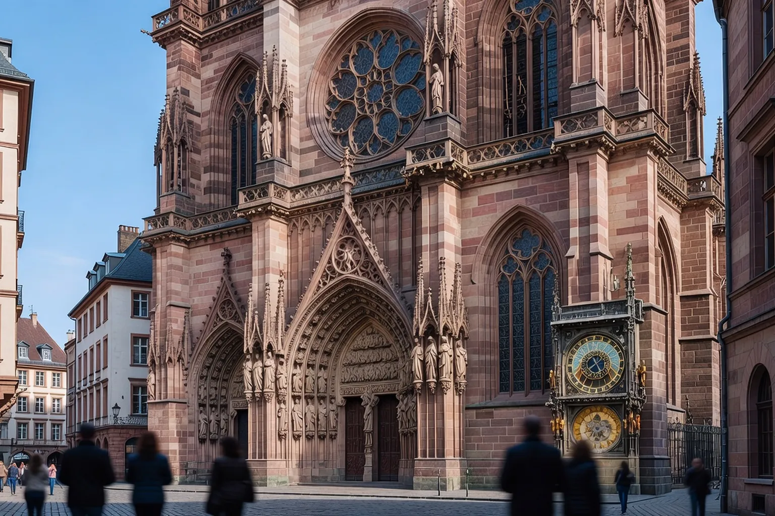 Façade de la cathédrale Notre-Dame de Strasbourg en grès rose avec portail sculpté, rosace et horloge astronomique