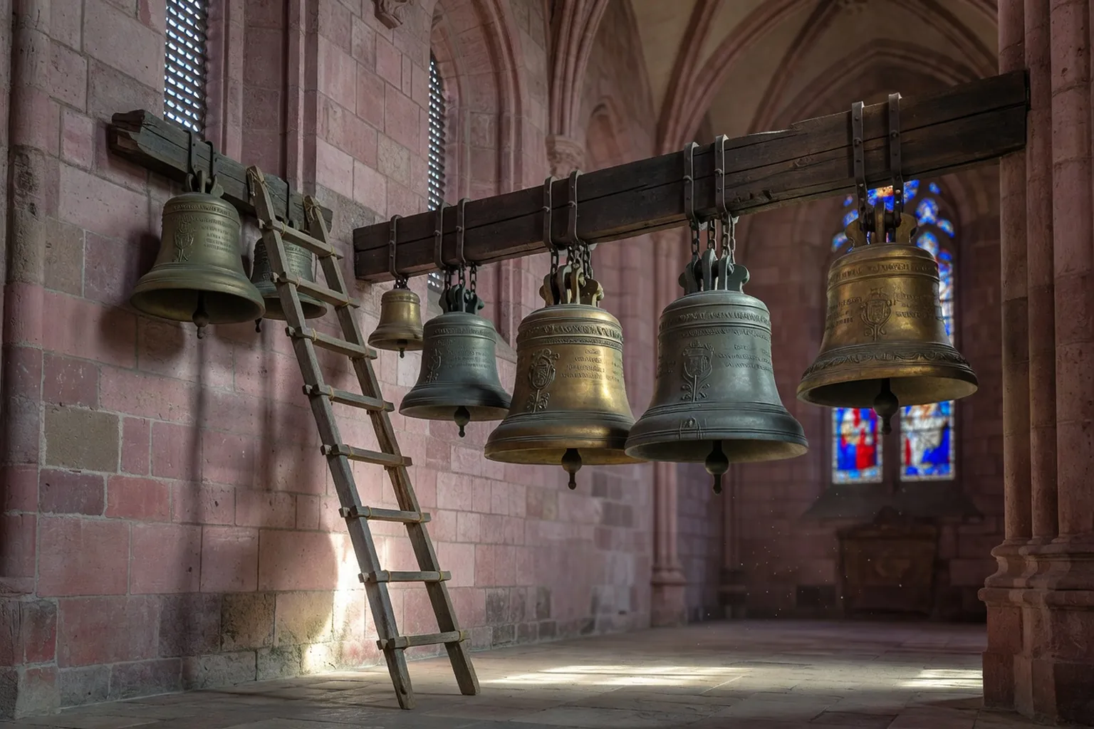 Ensemble de cloches de bronze anciennes suspendues à une traverse de chêne dans un beffroi de cathédrale gothique