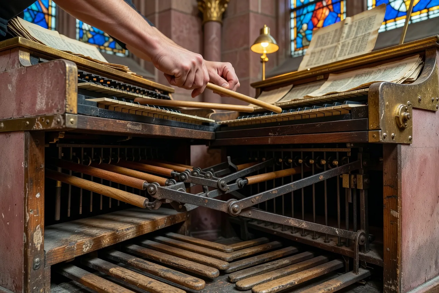 Gros plan sur les mains d'un carillonneur frappant les bâtons en bois d'un clavier de carillon, mécanismes de transmission visibles
