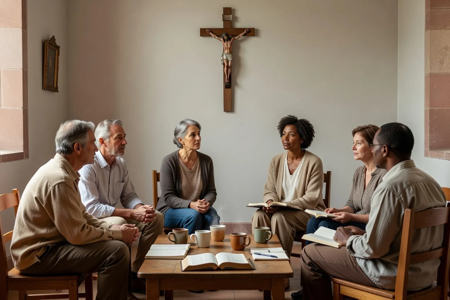 Cercle de parole dans une salle de paroisse : six adultes assis en cercle avec des Bibles ouvertes et des tasses de café