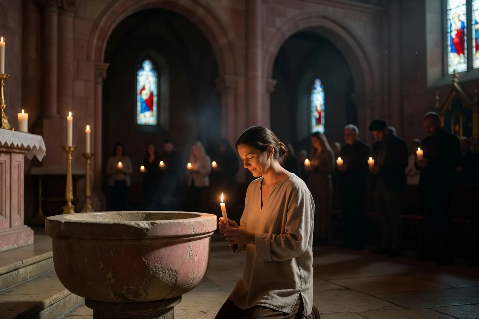 Adulte agenouillé près d'un fonts baptismaux en pierre ancienne tenant un cierge allumé pendant une célébration nocturne