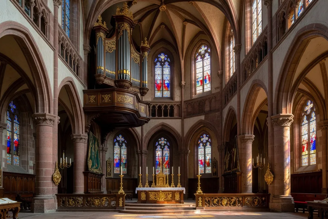 Organiste jouant depuis la tribune d'une église alsacienne