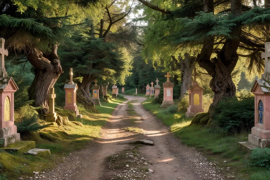 Sentier boisé menant à un sanctuaire marial dans les Vosges alsaciennes