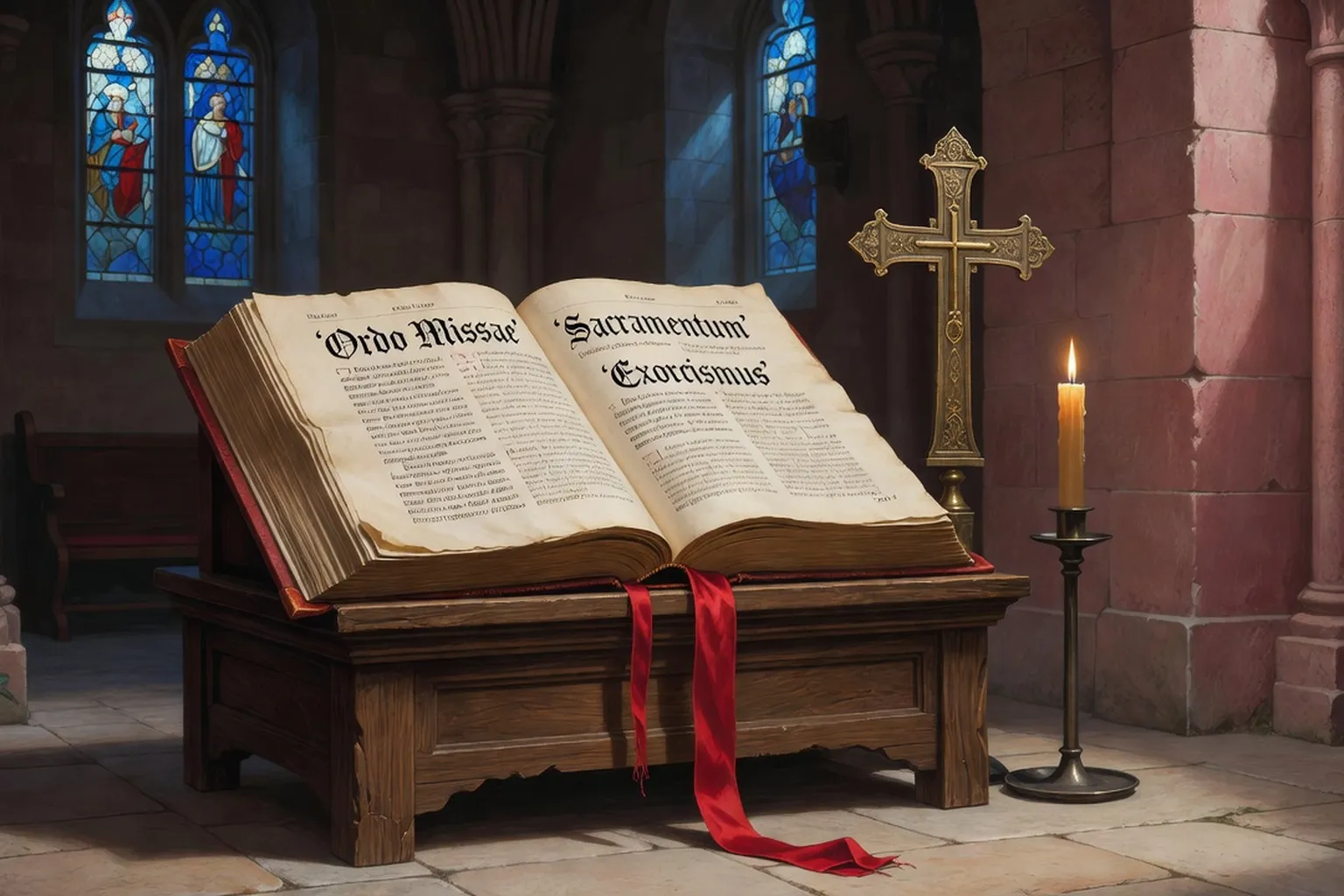 Dictionnaire liturgique ouvert sur un lutrin de sacristie