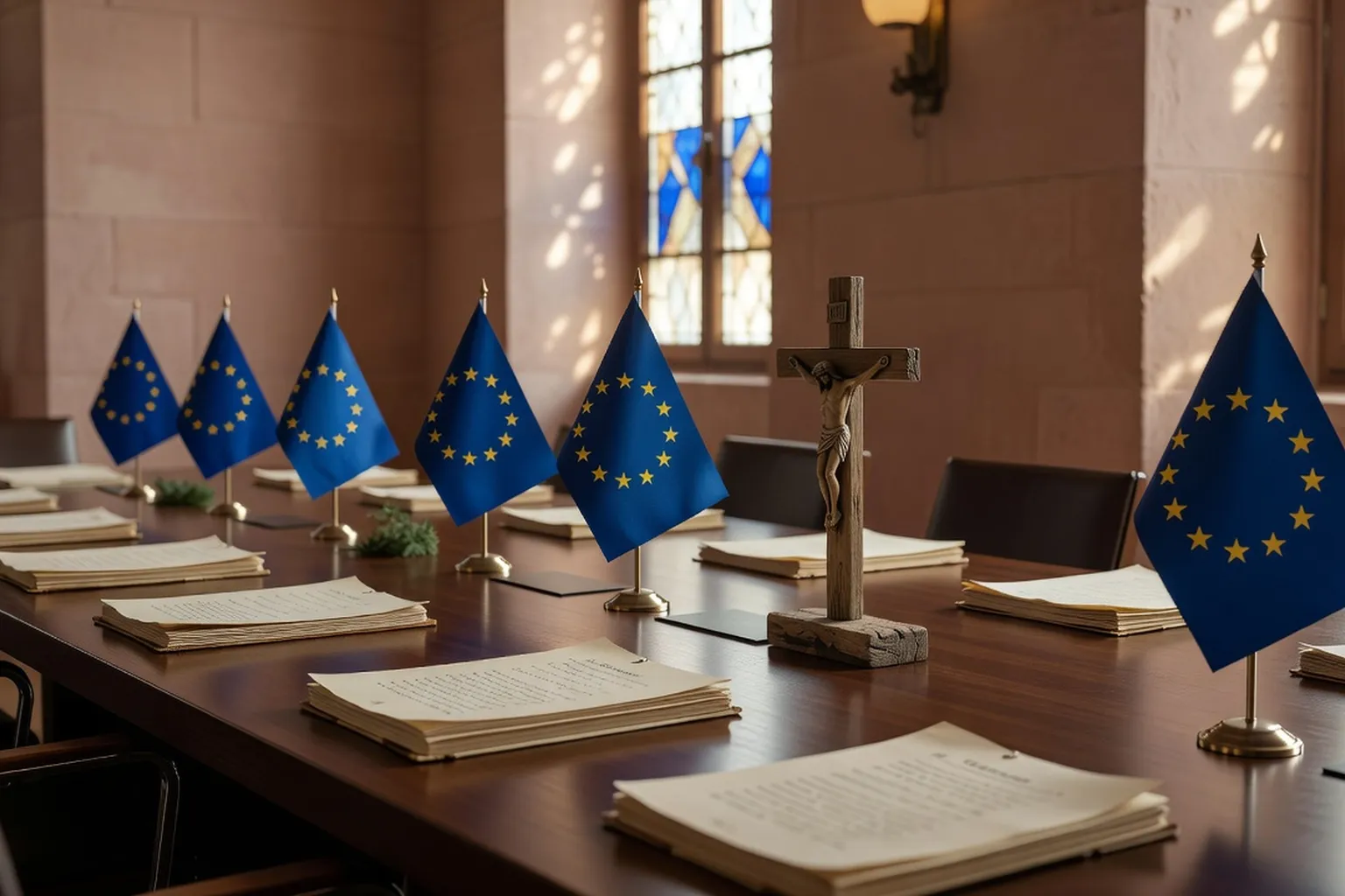 Table de conférence avec drapeaux européens et croix