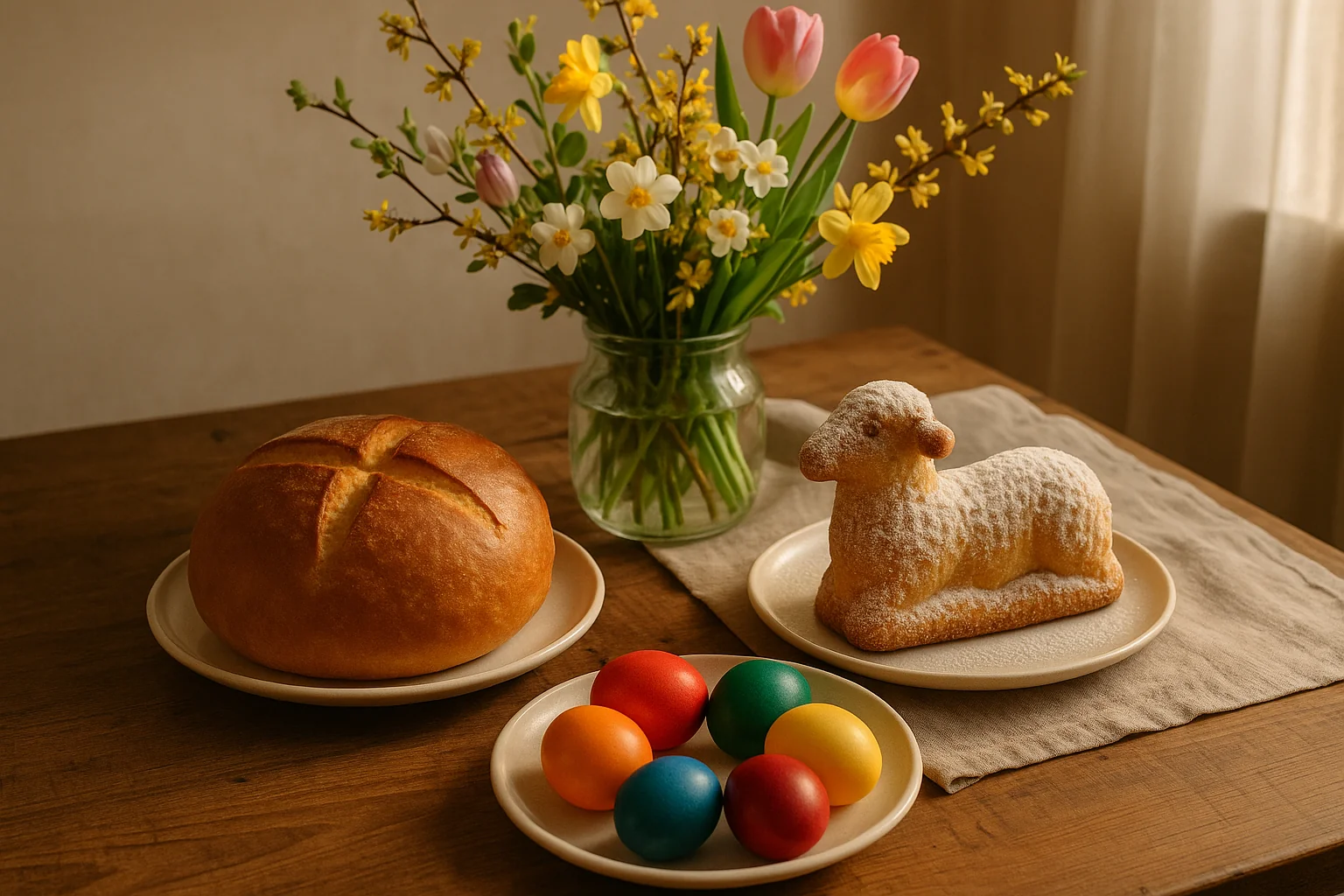 Table de Pâques alsacienne avec pain bénit, Lammala, œufs colorés et bouquet printanier dans une lumière chaleureuse