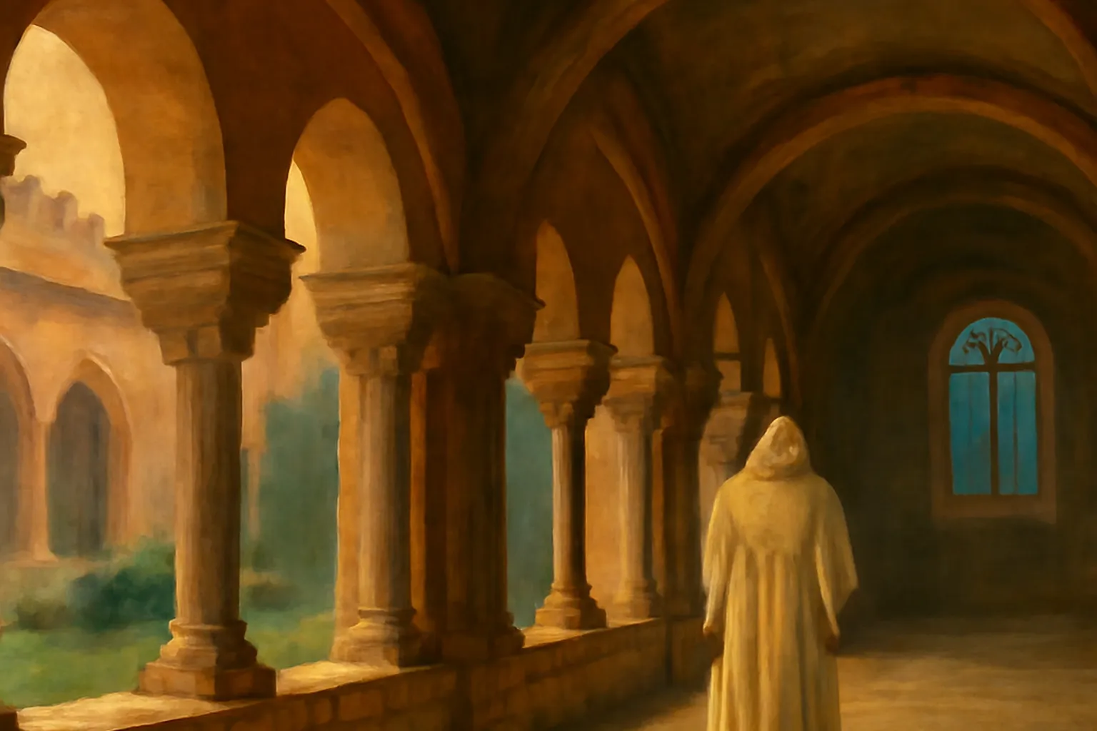 Cloître monastique avec un moine en habit blanc
