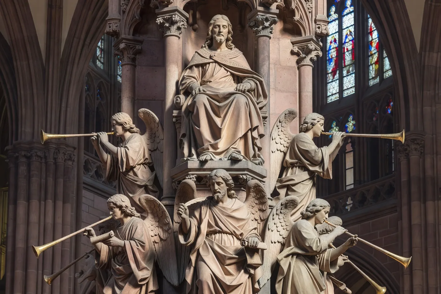Détail sculptural du Pilier des Anges : anges aux trompettes