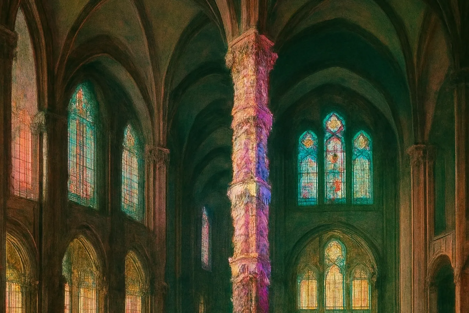 Transept de la cathédrale avec le Pilier des Anges éclairé par les vitraux