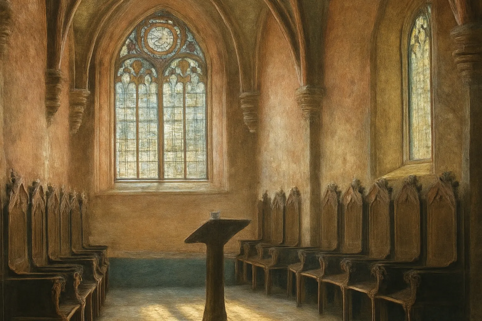Salle capitulaire alsacienne avec chaises à dossier haut