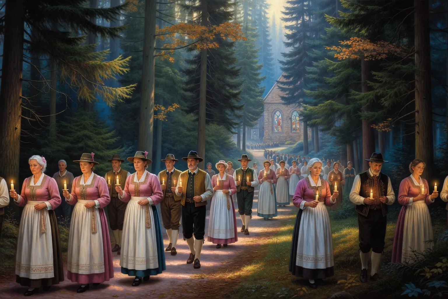 Procession de pèlerins dans la forêt vosgienne vers un sanctuaire