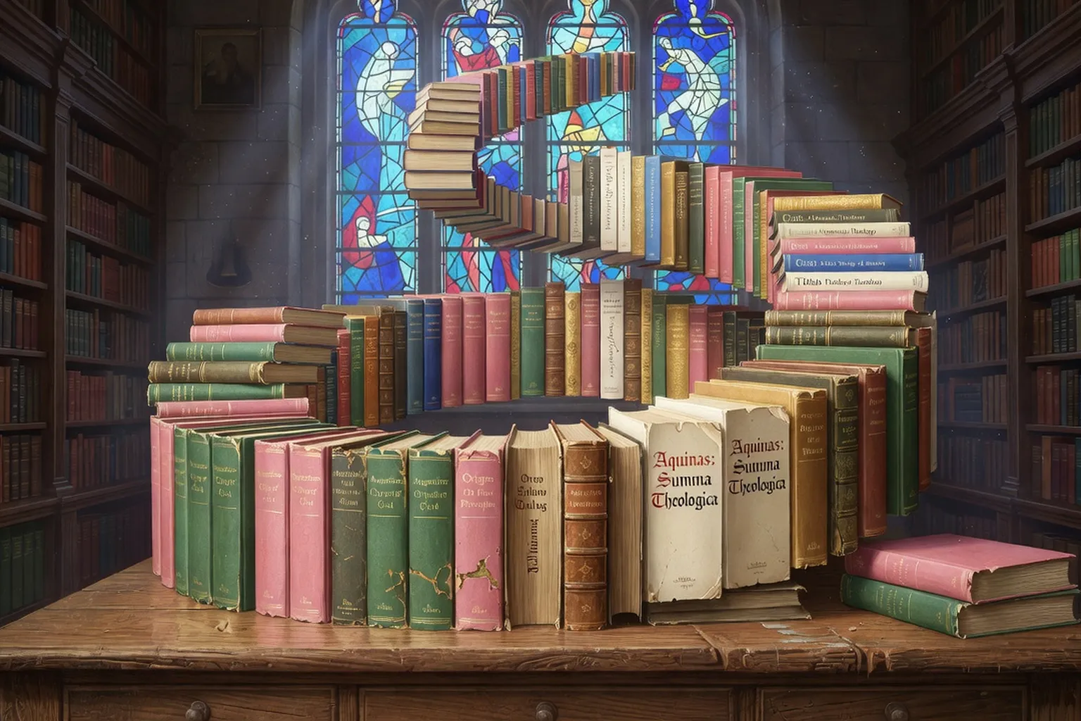 Spirale de livres théologiques montant vers un vitrail