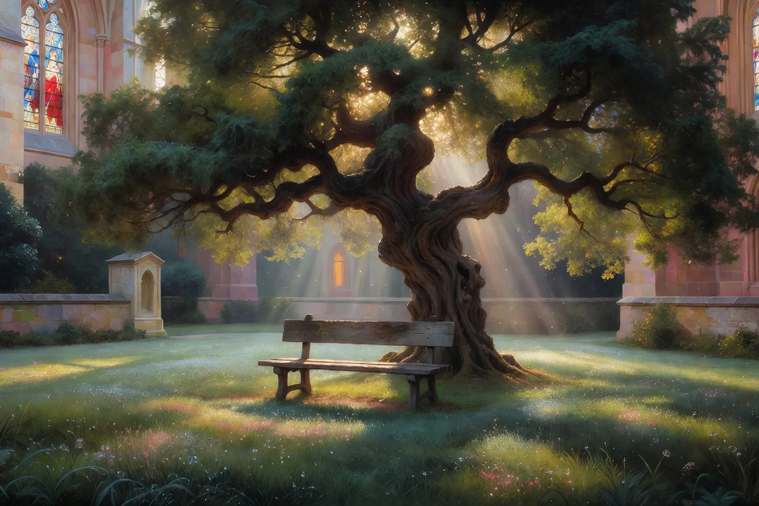 Jardin monastique au petit matin avec banc sous un arbre