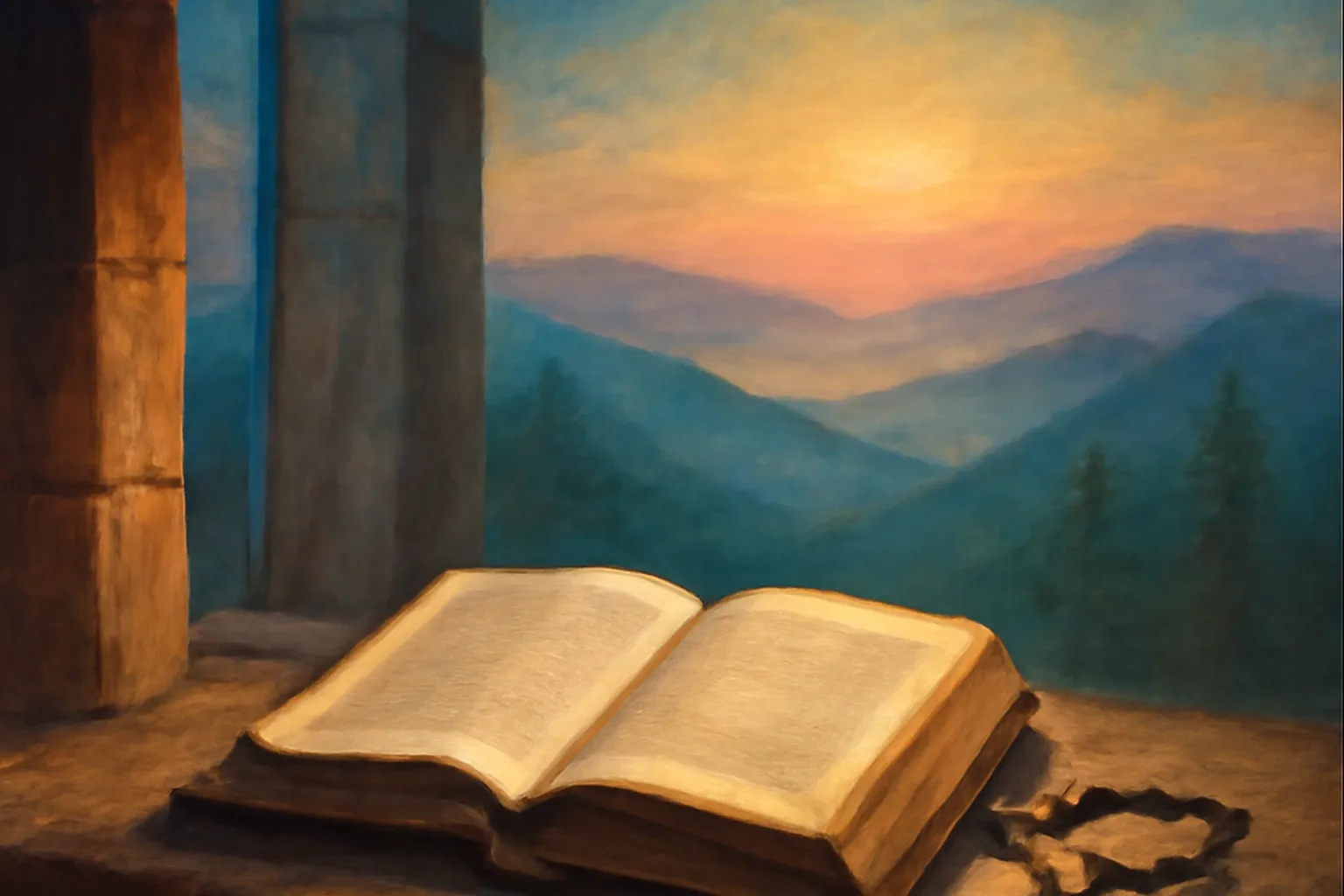 Manuel de lectio divina ouvert avec chapelet sur un muret de pierre