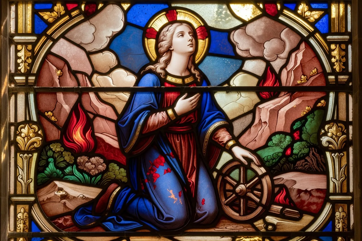 Détail d'un vitrail alsacien représentant sainte Catherine