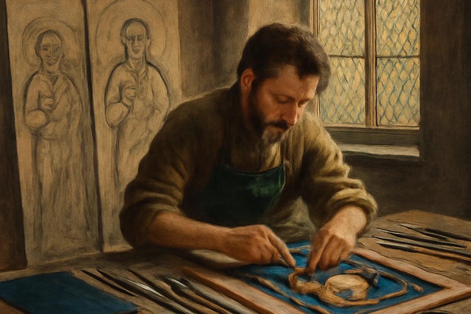 Atelier de maître-verrier : feuilles de verre coloré et plombs