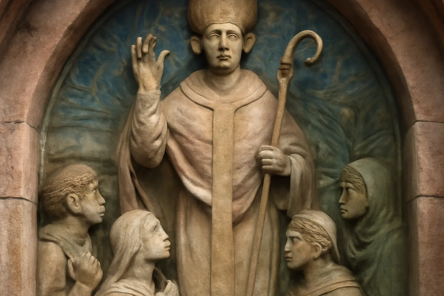 Tympan sculpté représentant un évêque bénissant le peuple d'Alsace