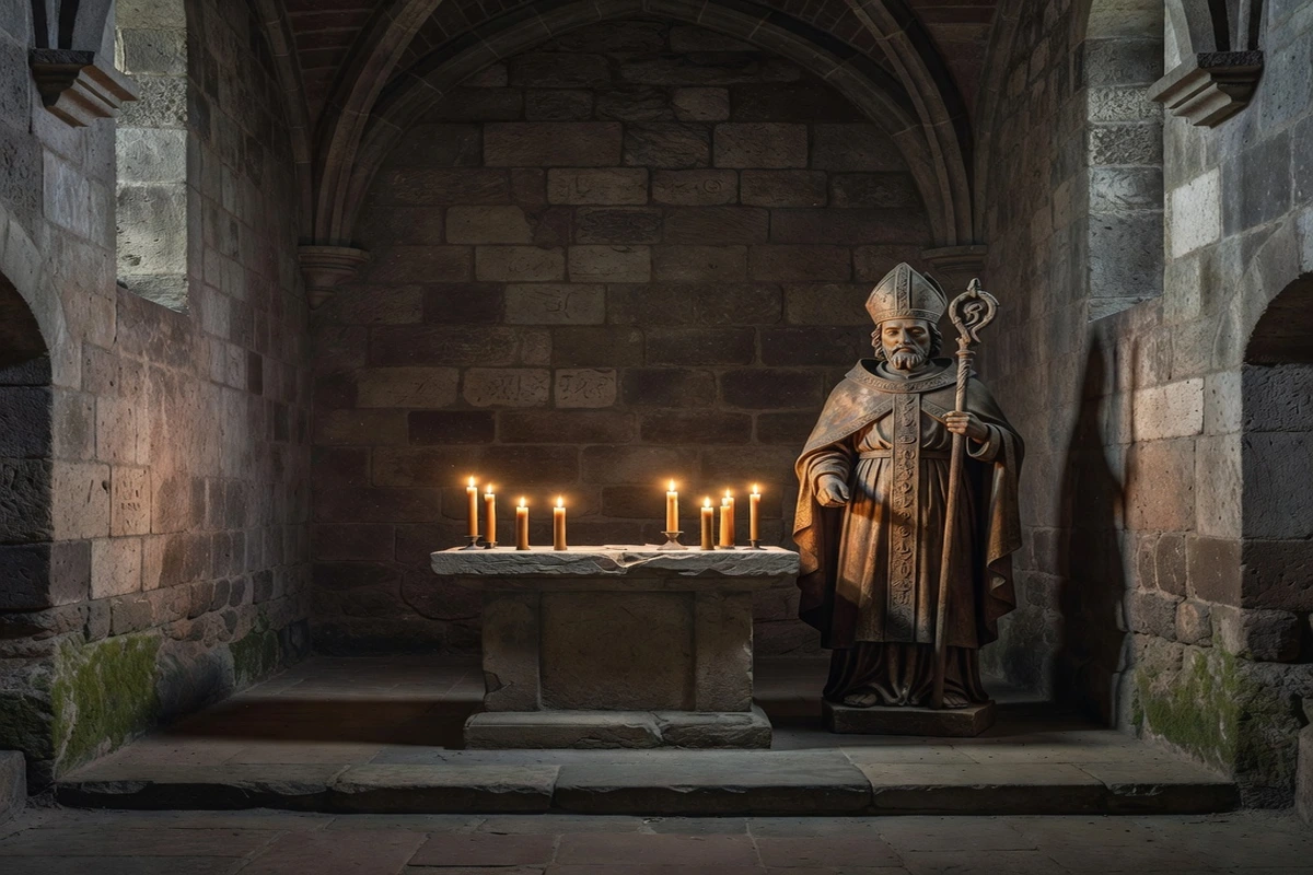 Intérieur d'une petite église médiévale d'Alsace avec un autel, des cierges et une statue d'évêque