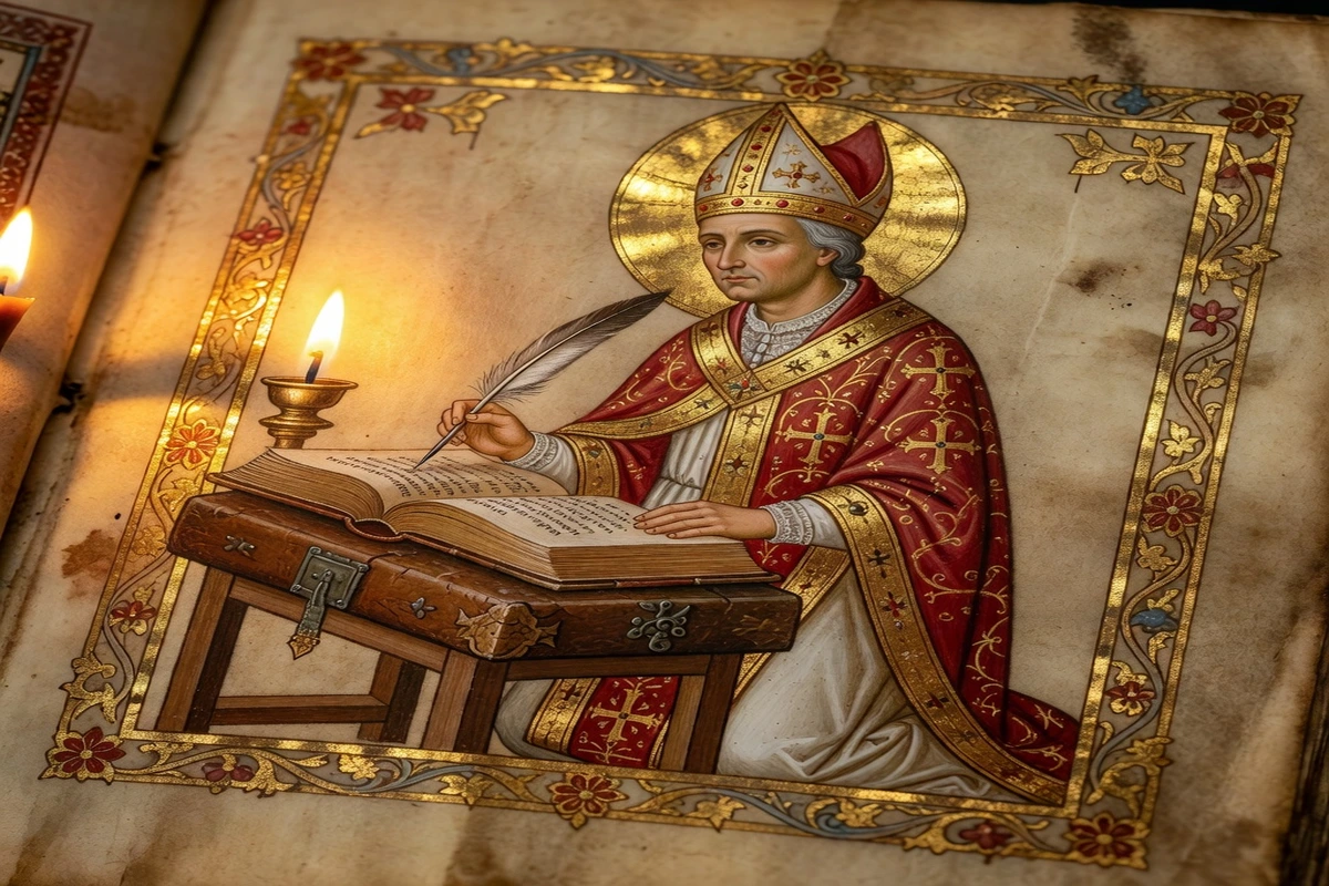 Page d'un manuscrit enluminé ancien représentant un évêque saint