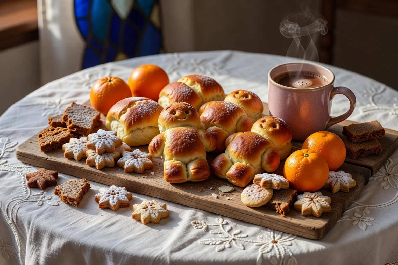 Mannele, brioches en forme de bonhommes, bredle à la cannelle, pain d'épices et oranges sur une planche en bois
