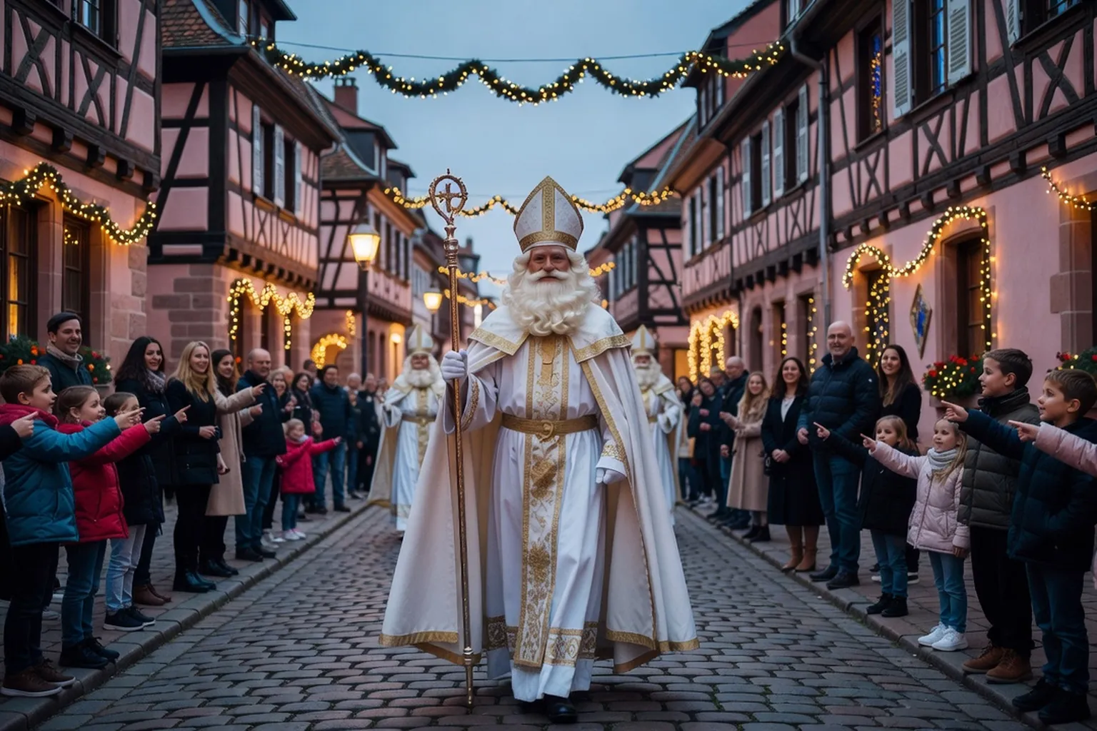 Saint-Nicolas en habit d'évêque défilant dans une rue alsacienne illuminée de guirlandes, enfants et familles sur les trottoirs
