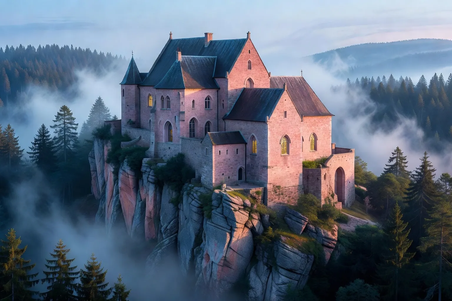 Mont Sainte-Odile à l'aube : sanctuaire au sommet des Vosges