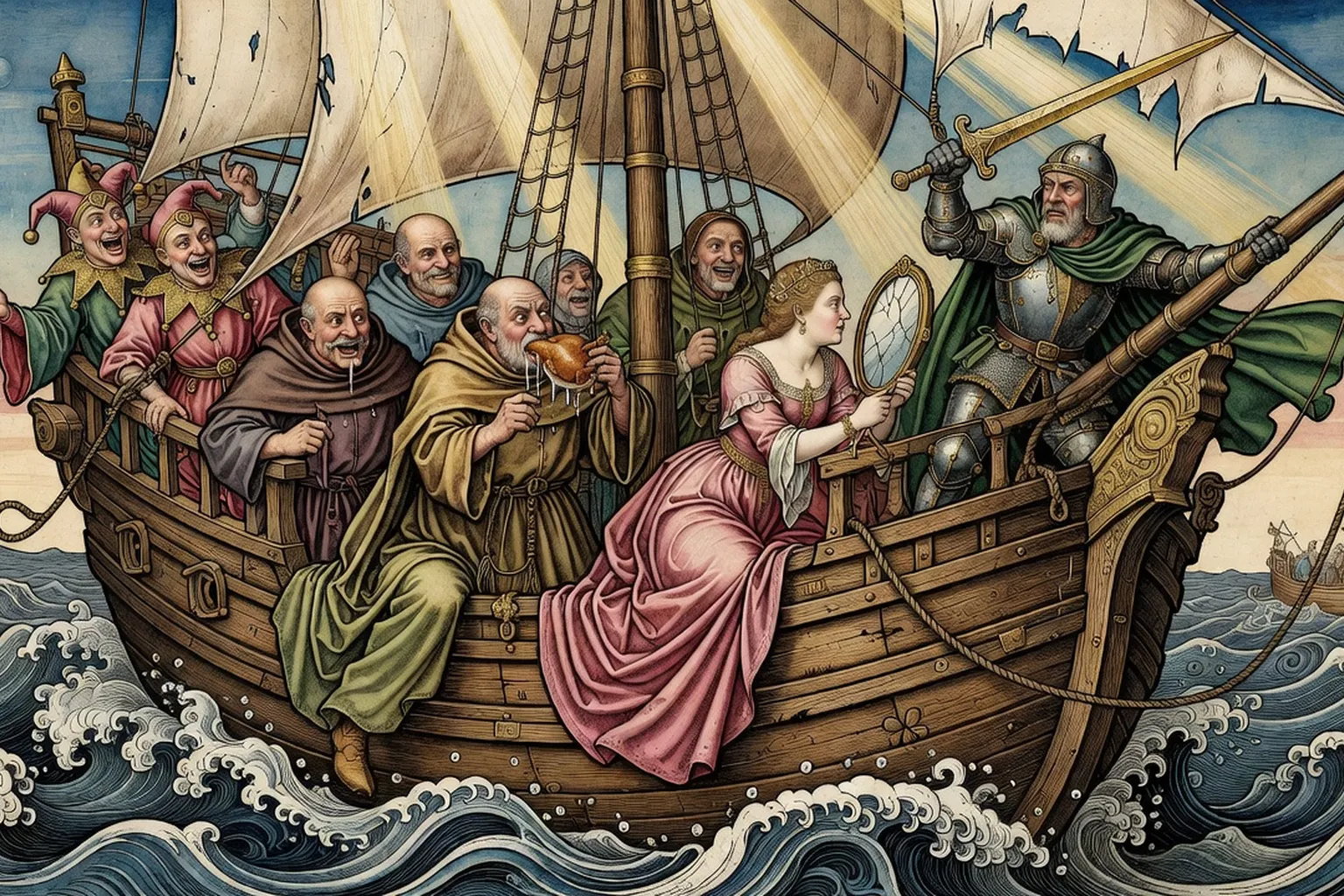 Gravure Renaissance : la Nef des fous en mer