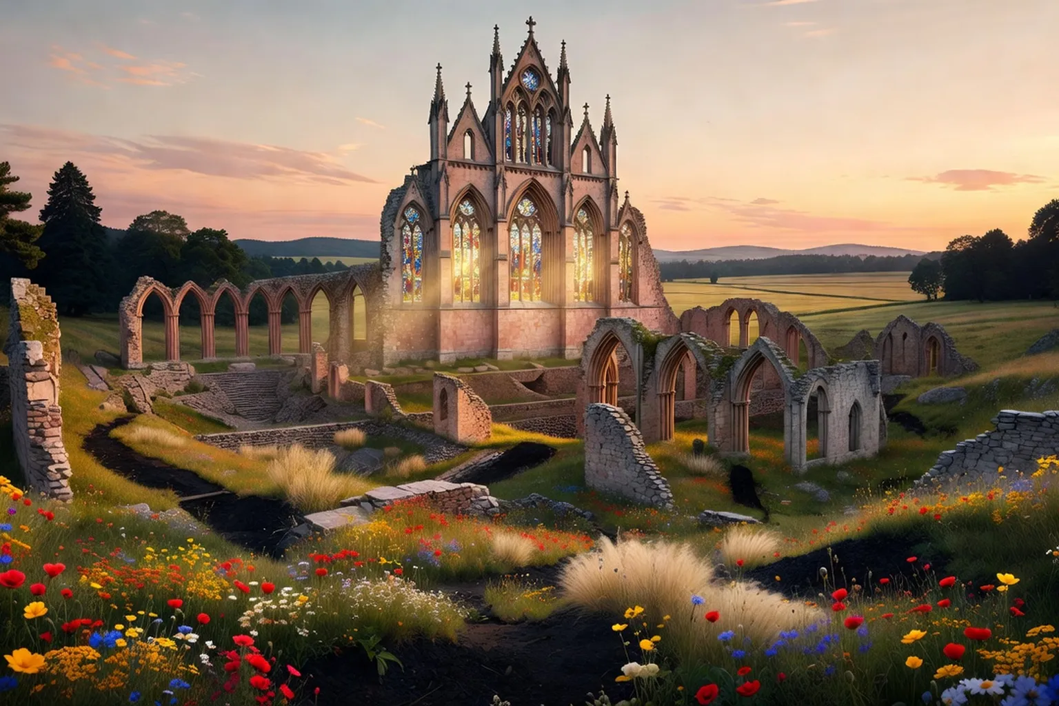 Ruines d'abbaye cistercienne au coucher du soleil dans le Grand Est