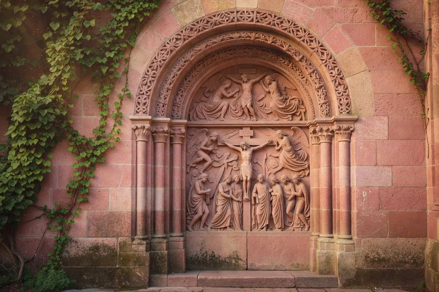 Portail roman sculpté de l'église d'Andlau, frise des fauves et Adam-Eve